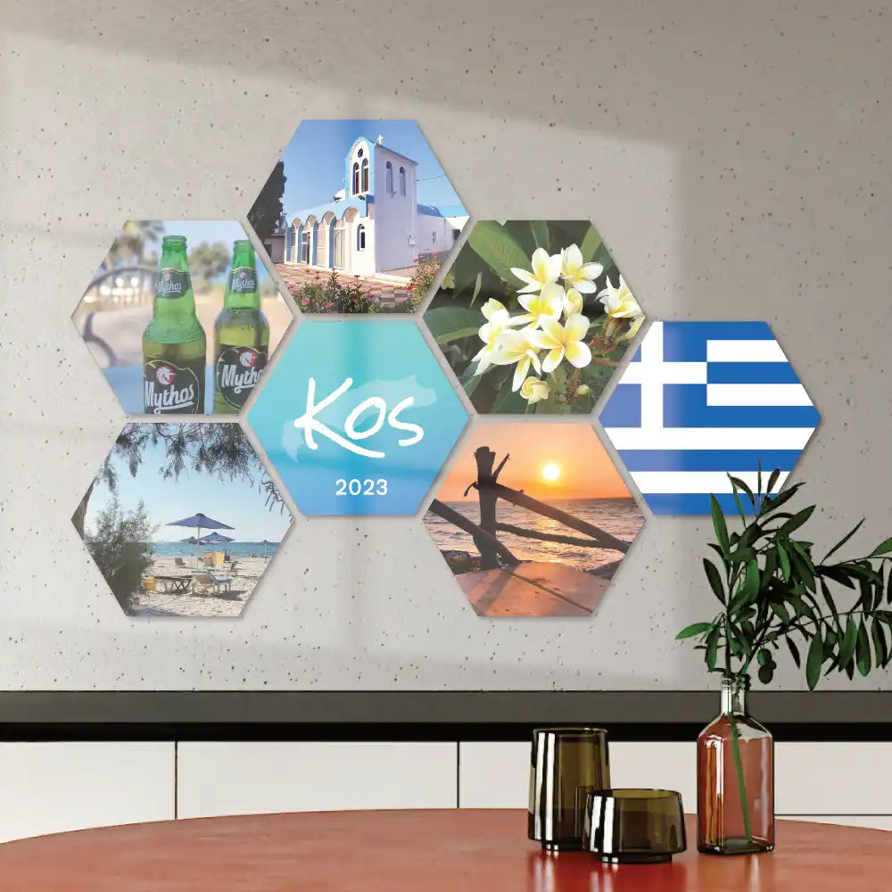 Tuile photo hexagonale Grèce [PERSONNALISABLE] etc. Silhouettes de drapeaux et d'îles