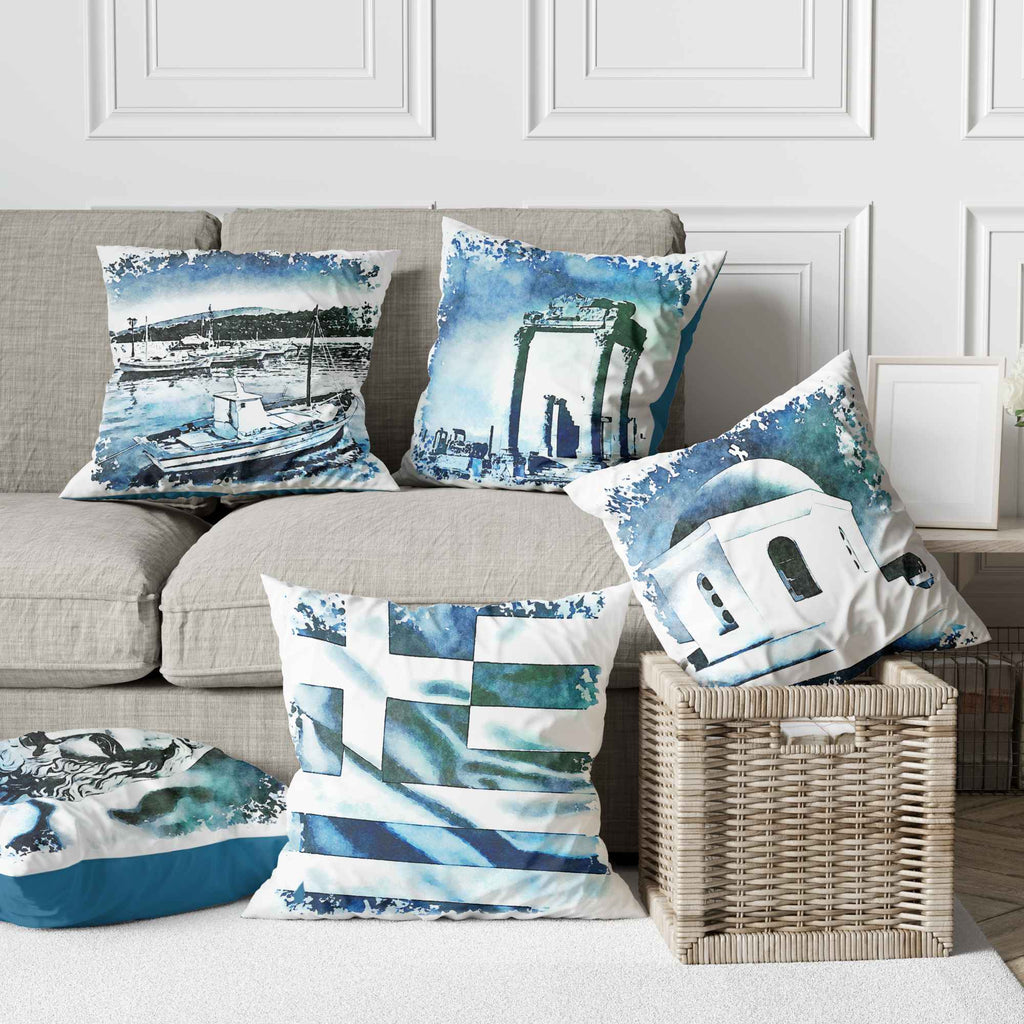 Pillow set "Greece in blue watercolor", series 1