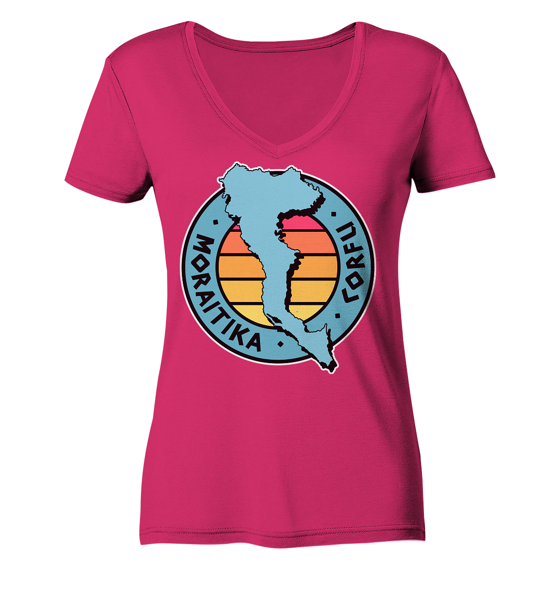 Corfu Moraitika Silhouette Stamp Colored - Ladies Organic V-Neck Shirt