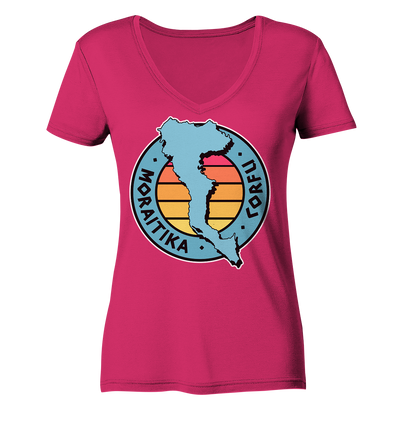 Corfu Moraitika Silhouette Stamp Colored - Ladies Organic V-Neck Shirt